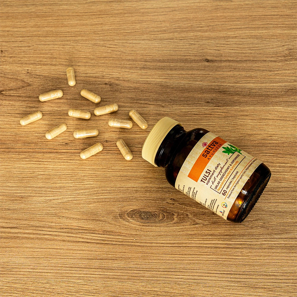 60 Cápsulas ayurvédicas de Tulsi com extrato de Manjericão-Sagrado para equilíbrio natural