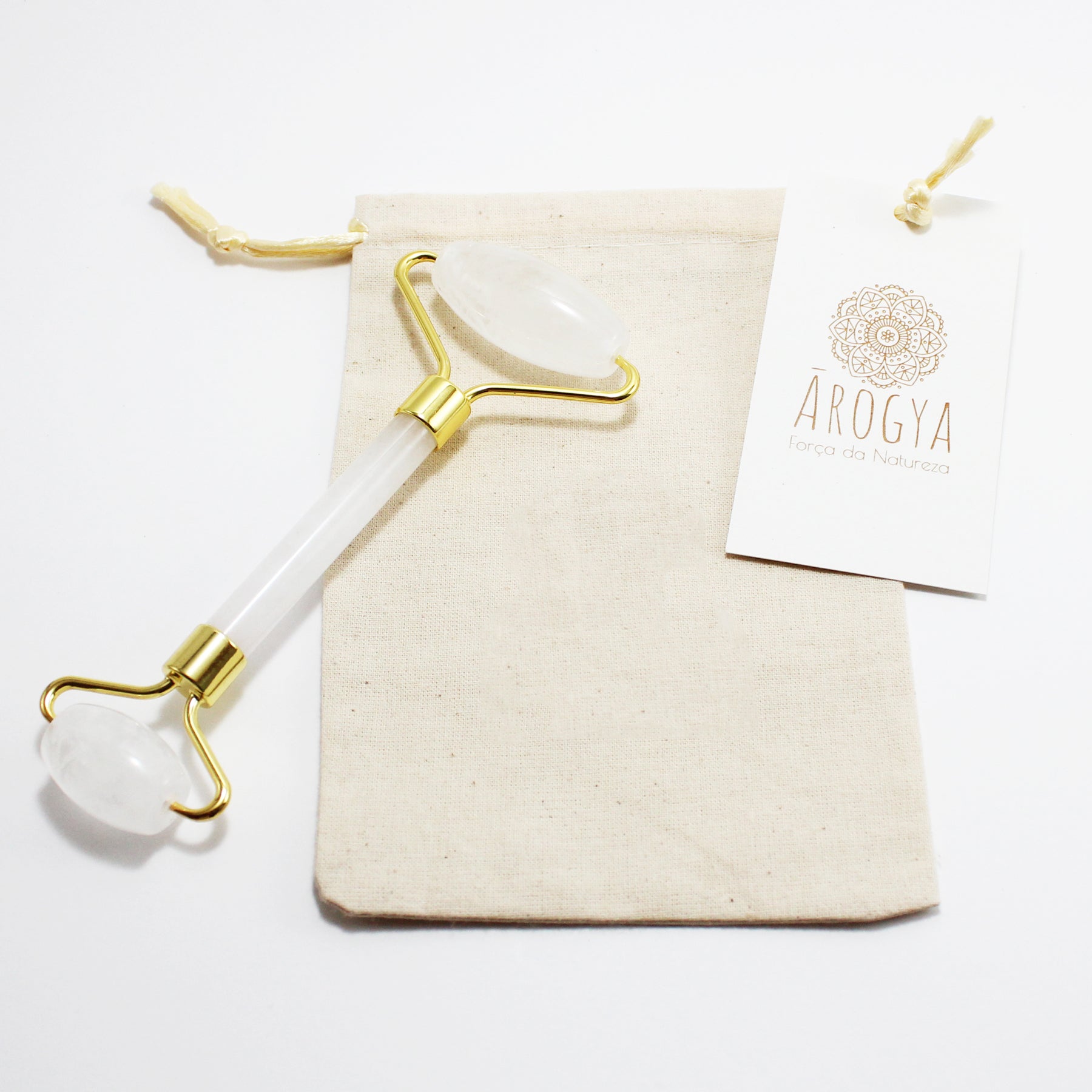 Massajador Facial de Quartzo Branco Natural com Rolos Duplos
