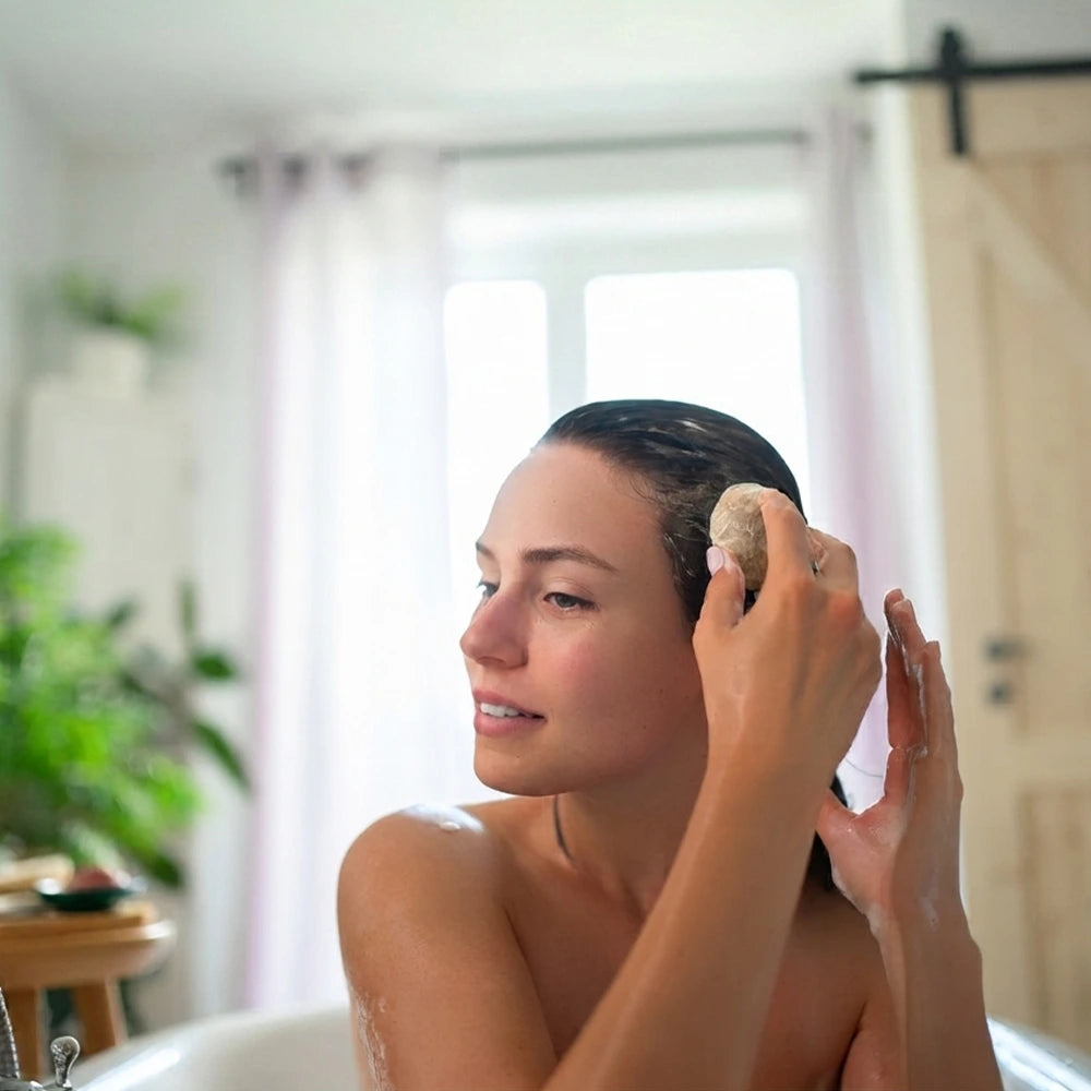 Mulher a aplicar o champô sólido de Amla e Baunilha diretamente no cabelo molhado