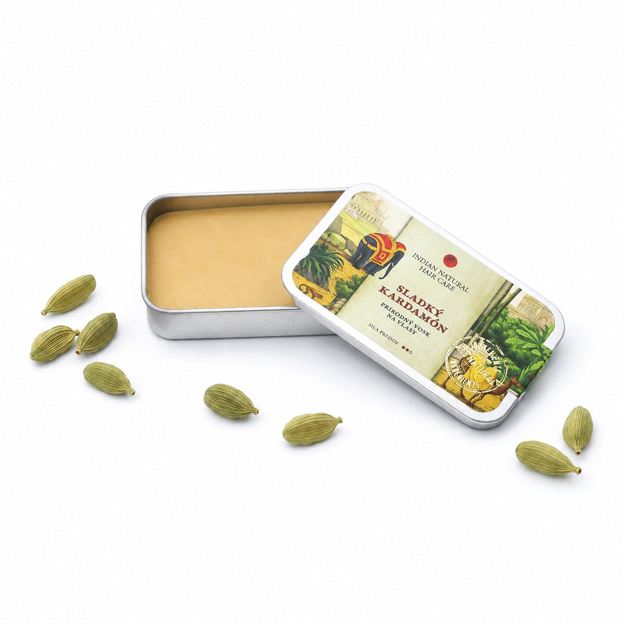 Cera Naturale per Capelli al Cardamomo Dolce aperta con baccelli di cardamomo