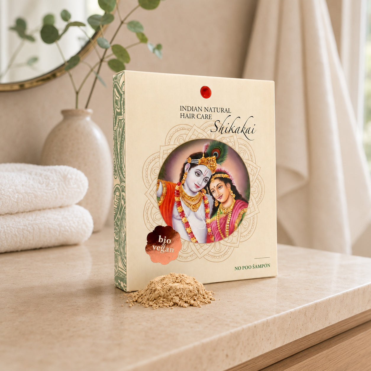 Shikakai No Poo Shampoo with packaging and powder in a natural setting