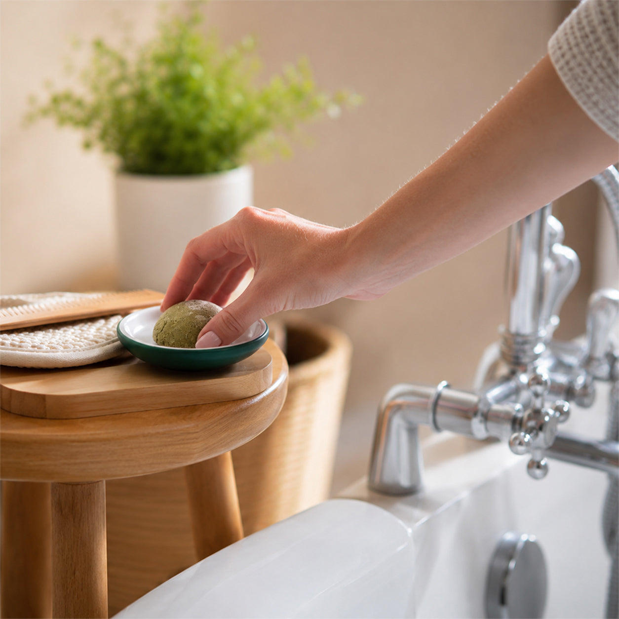Shampoo Solido allo Shikakai e alla Menta in un portasapone accanto alla vasca da bagno