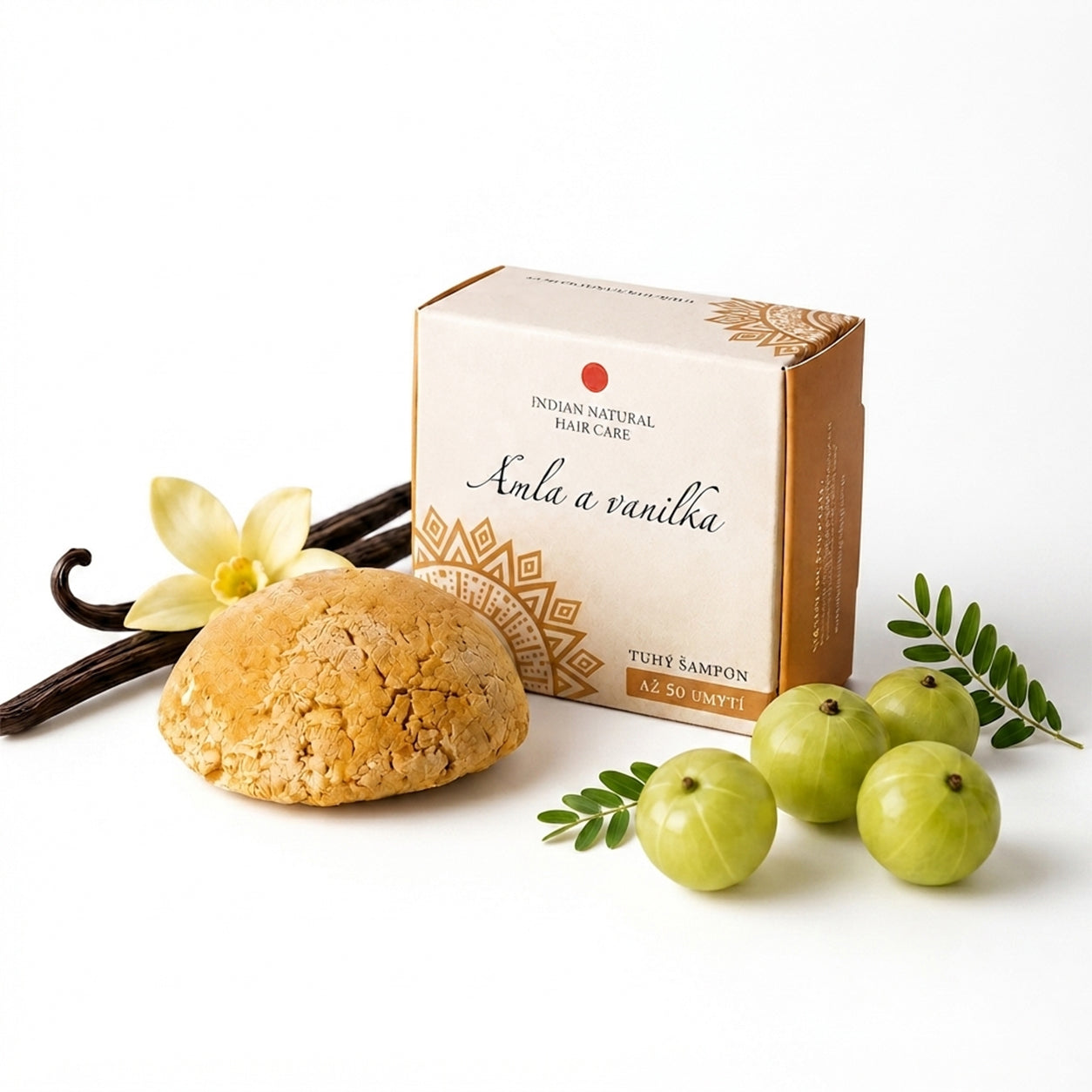 Champô Sólido de Amla e Baunilha com embalagem e ingredientes botânicos