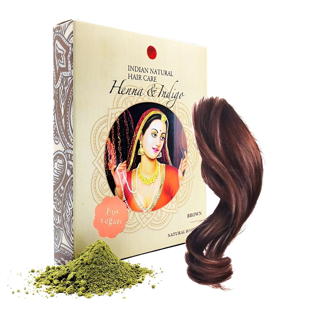 Henna e Índigo Castanho - Uma solução de coloração 100% natural para cabelos castanhos vibrantes e saudáveis. Perfeito para todos os tipos de cabelo, seguro para mulheres grávidas e em fase de amamentação.