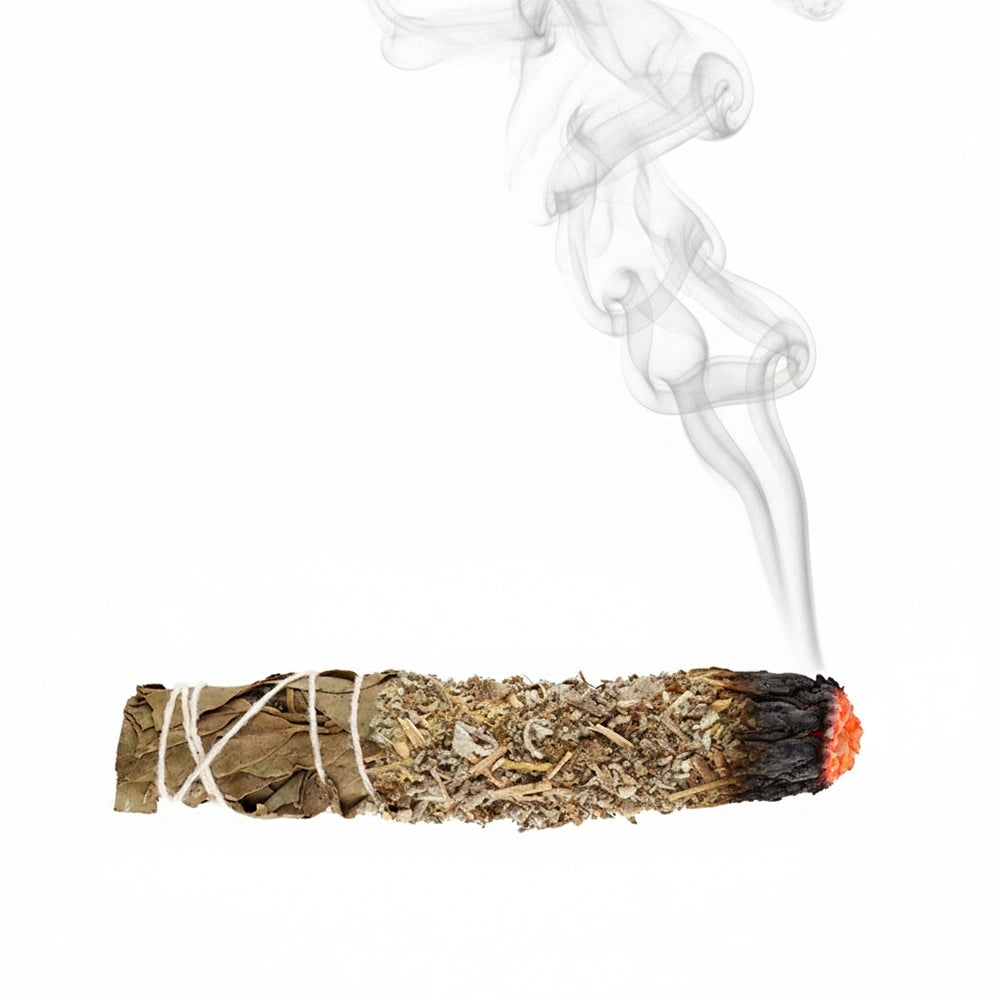 Defumador natural de sálvia branca com aromas calmantes para meditação e relaxamento.