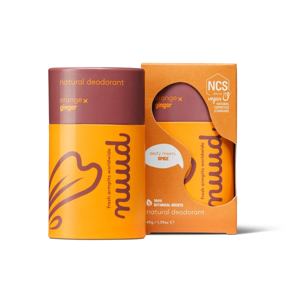 Desodorizante nuud vegano e orgânico em stick, aroma de laranja e gengibre, 48h de frescura.