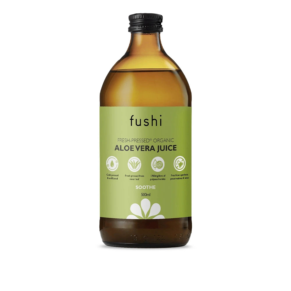 aloe vera juice glass bottle Fushi Organic Aloe Vera Juice: Calms the Digestive System