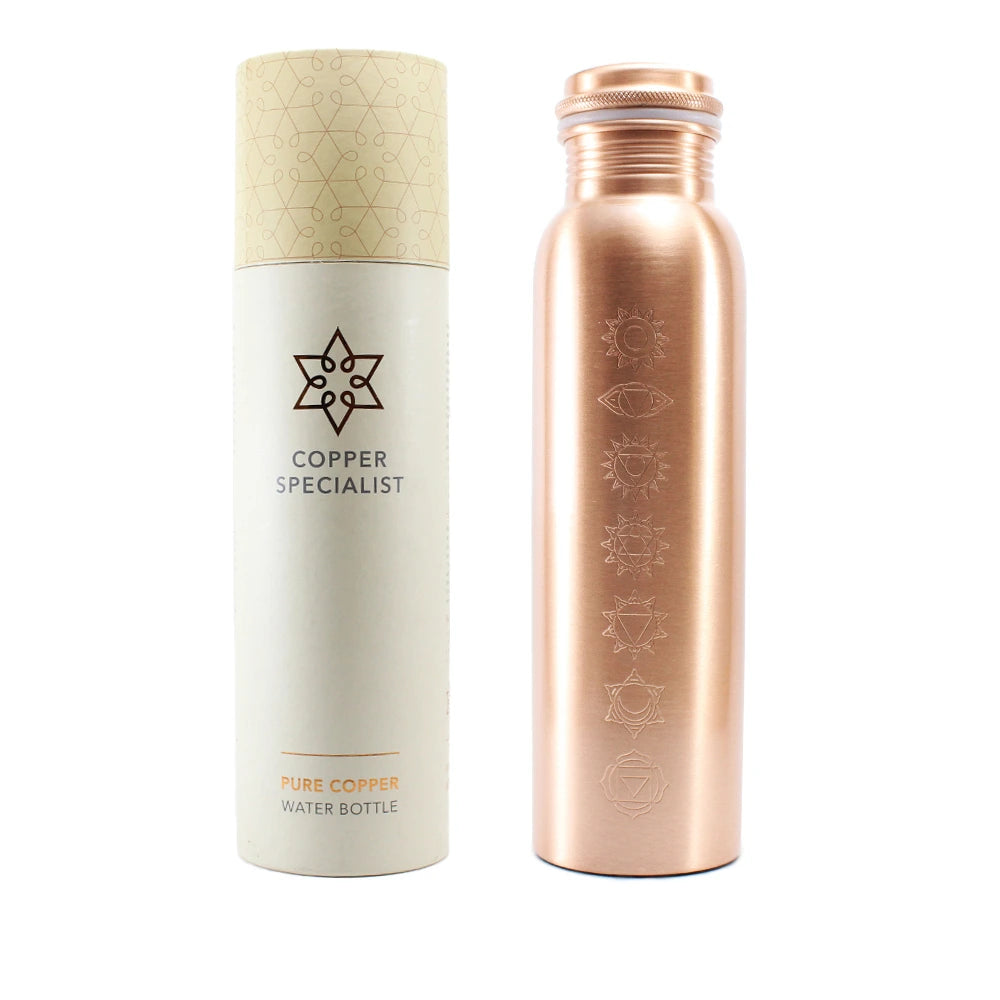 Garrafa de água em cobre puro com 7 chakras – promove alinhamento energético, atenção plena e vitalidade diária.