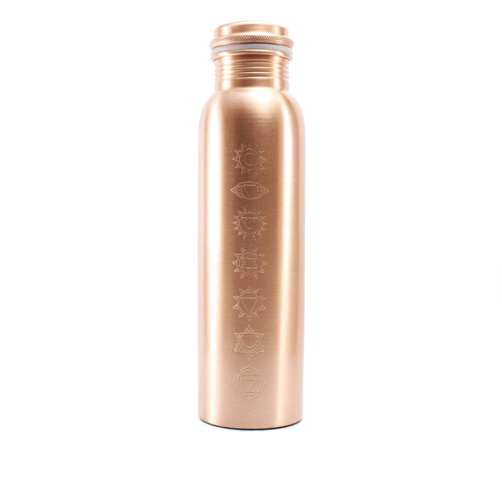 Bottiglia di rame 7 chakra, pura al 100% con vetro chakra del cuore/bottiglia d'acqua/1000 ml/esercizio/meditazione/palestra/yoga dall'India (due sottobicchieri in legno gratuiti) (matt
