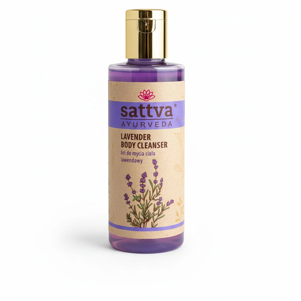 Gel de Banho Natural de Lavanda da Sattva Ayurveda com óleo essencial de lavanda, aloé vera e ervas ayurvédicas para limpar, hidratar e suavizar a pele.