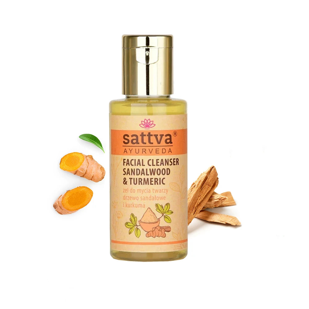 Gel de limpeza facial ayurvédico com sândalo e curcuma para pele radiante