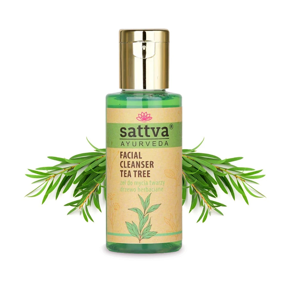 Gel de limpeza facial ayurvédico com árvore-do-chá para controlo da oleosidade, limpeza de impurezas e cuidado diário da pele oleosa e mista.