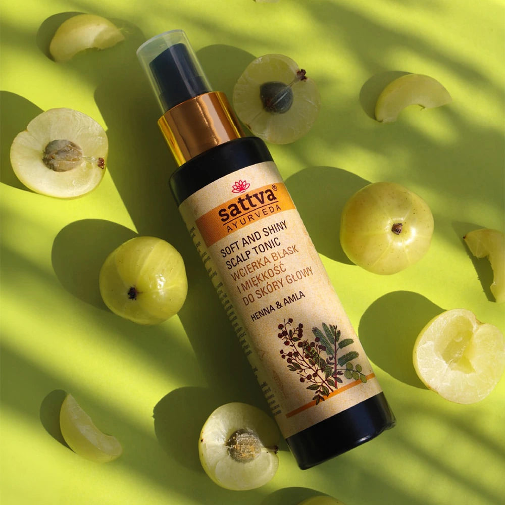 Loção para o couro cabeludo com henna e amla da Sattva Ayurveda – tratamento natural ayurvédico para estimular o crescimento do cabelo, nutrir e acalmar o couro cabeludo, reduzindo a queda e promovendo brilho saudável.