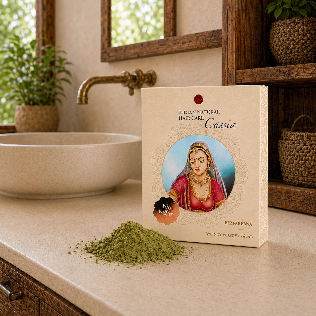 Cassia Hair Mask with packaging and powder in a natural setting