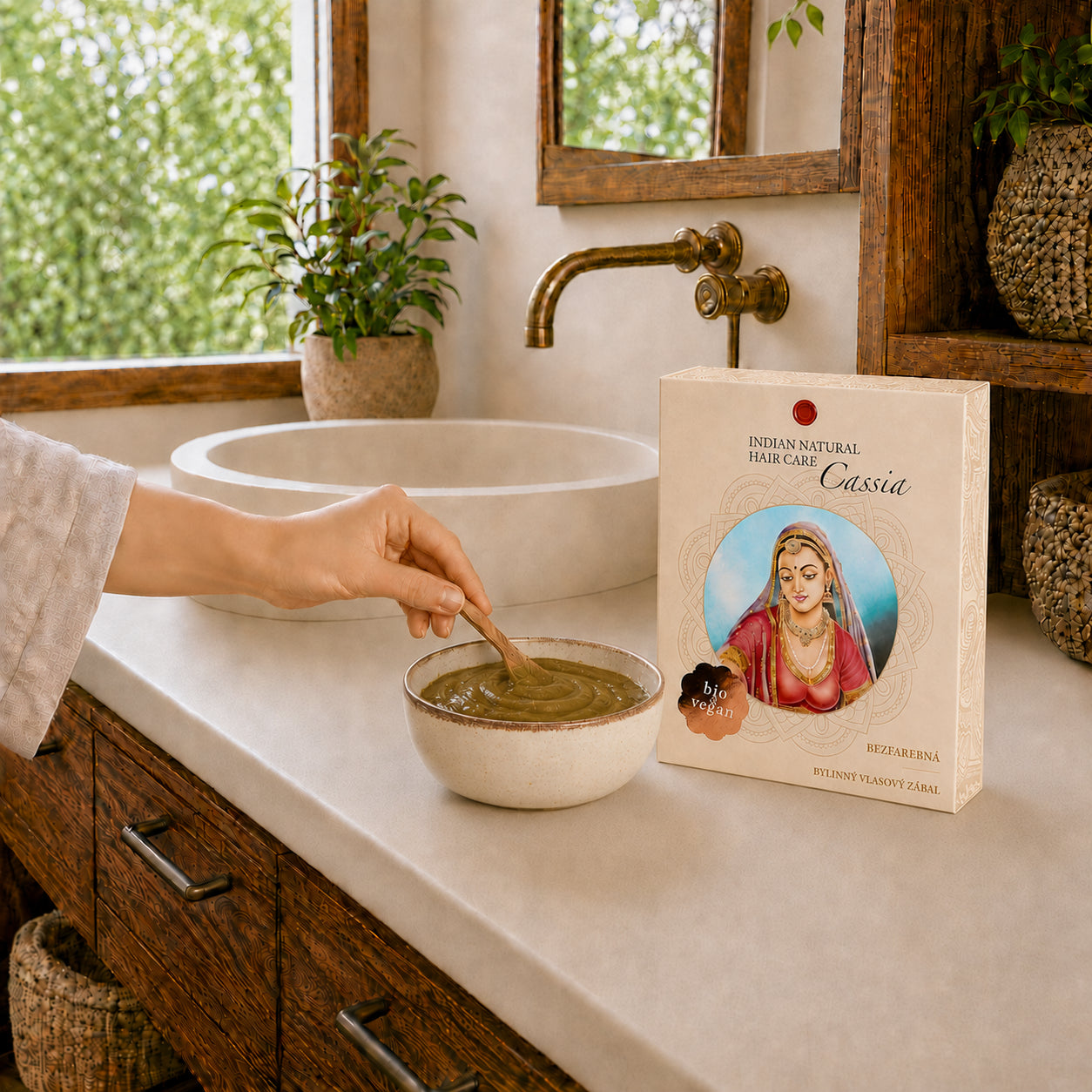 Preparation of the Cassia Hair Mask with paste in a bowl