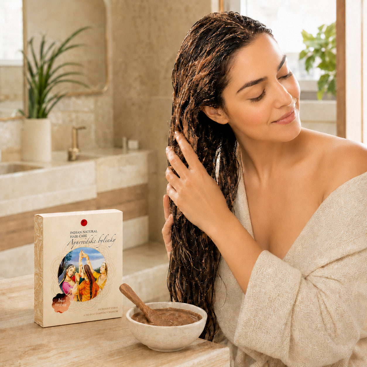 Application du Masque Capillaire et Shampooing No Poo aux 10 Plantes sur les cheveux