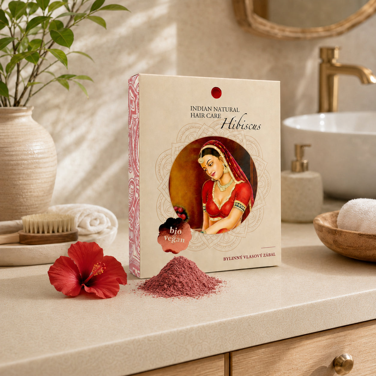 Máscara Capilar de Hibisco com pó de hibisco numa casa de banho em estilo spa