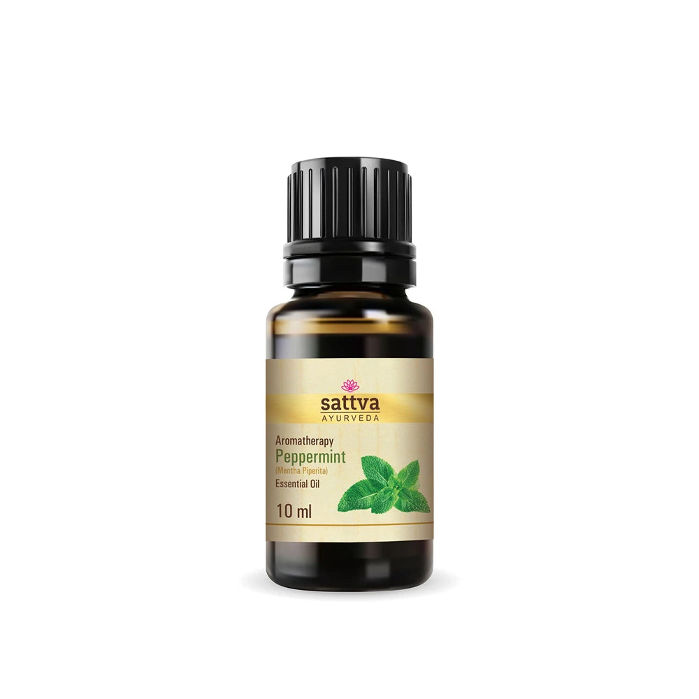 Óleo Essencial de Hortelã-Pimenta Sattva Ayurveda 100% puro, obtido por destilação a vapor de Mentha piperita, ideal para aromaterapia, difusor, massagens, clareza mental e promoção de uma respiração confortável.
