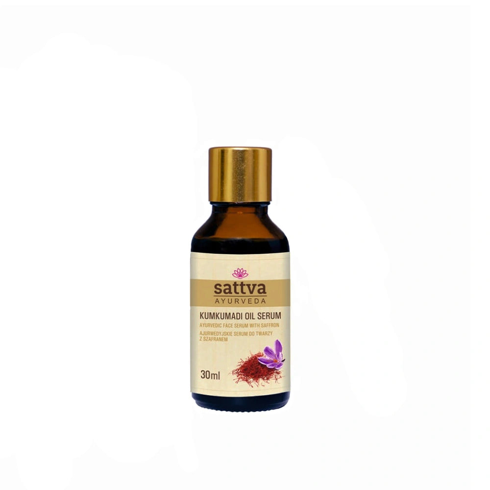 Óleo Facial Ayurvédico Kumkumadi da Sattva Ayurveda com açafrão para uma pele mais luminosa, nutrida e uniforme.
