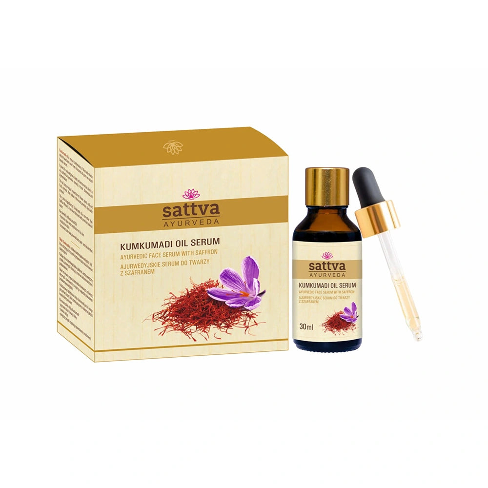 Óleo Kumkumadi Tailam Ayurvédico com ingredientes botânicos naturais para nutrir e revitalizar a pele do rosto.