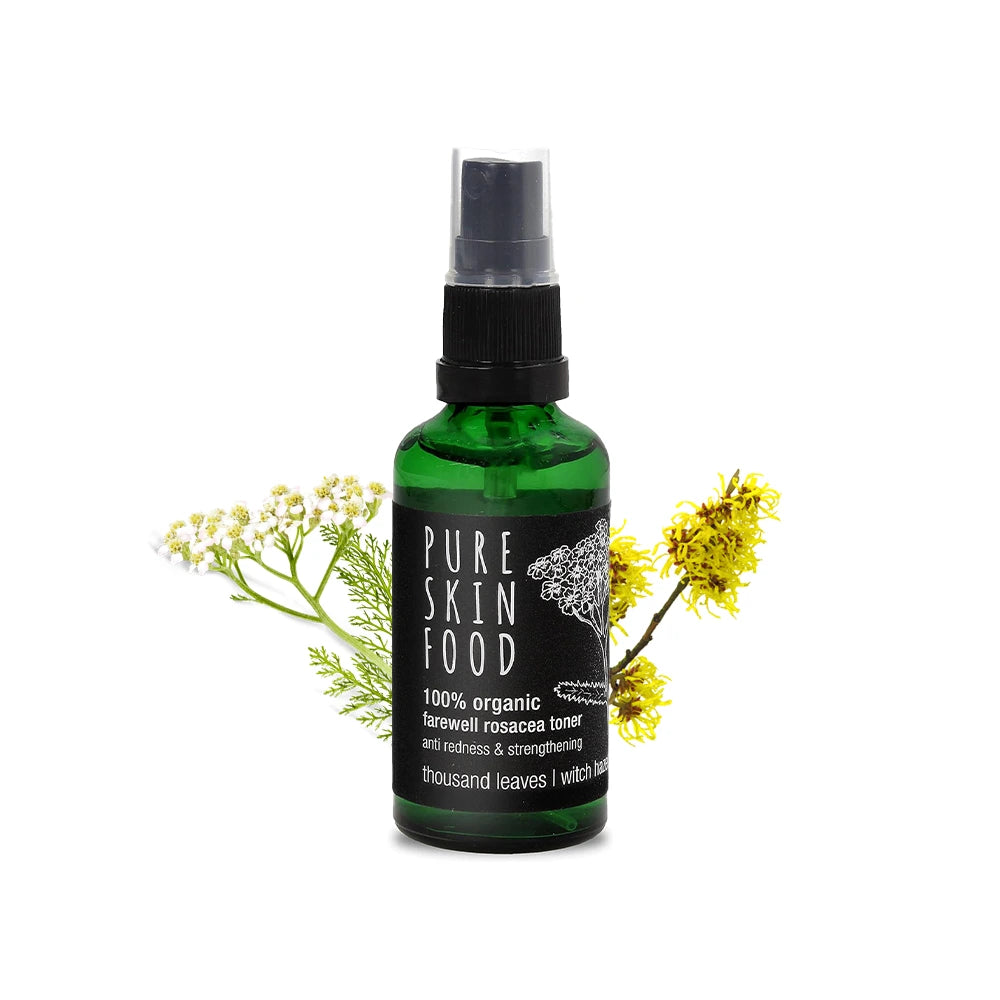 Tónico ayurvédico para rosácea com milefólio e hamamélia – biológico, calmante e hidratante para pele sensível.