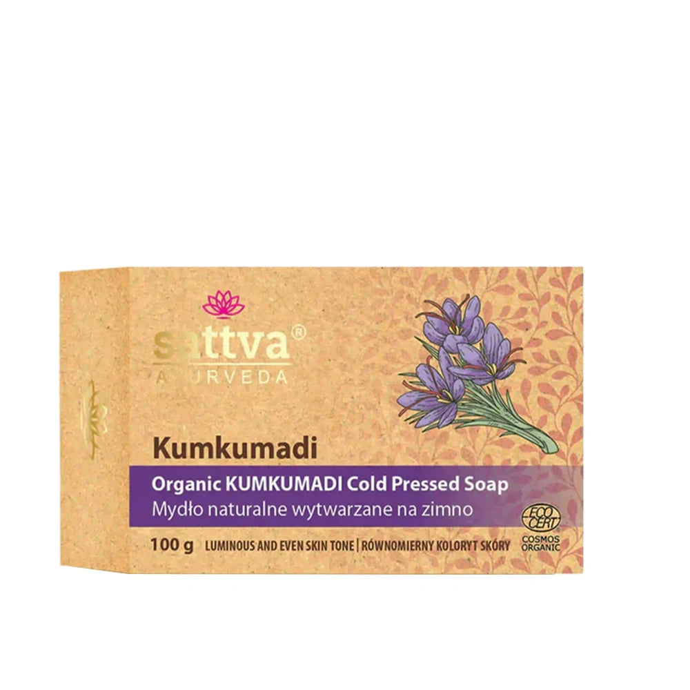 Sabonete Kumkumadi prensado a frio certificado ECOCERT COSMOS ORGANIC com ingredientes naturais e biológicos.