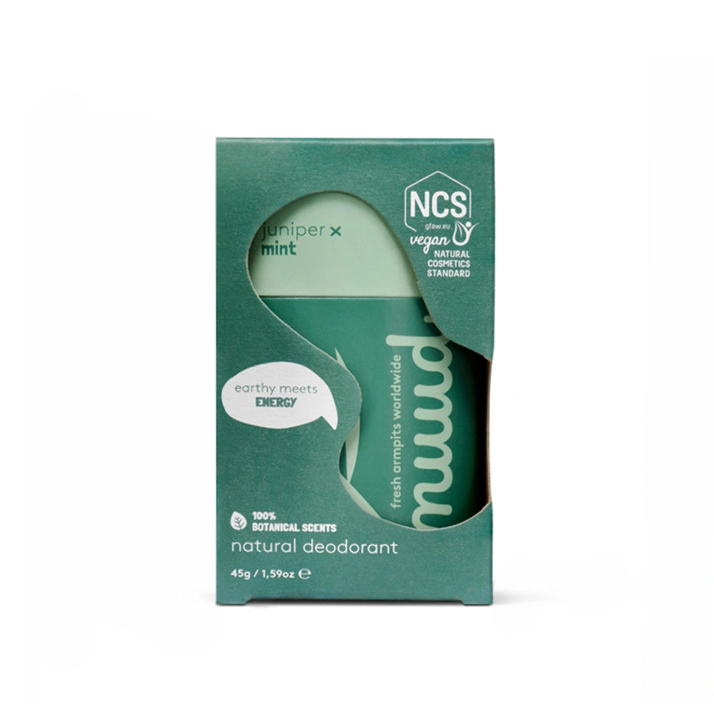 Stick Desodorizante Vegan Nuud Zimbro e Menta – 48 horas de frescura natural, sem alumínio, embalagem eco-friendly.