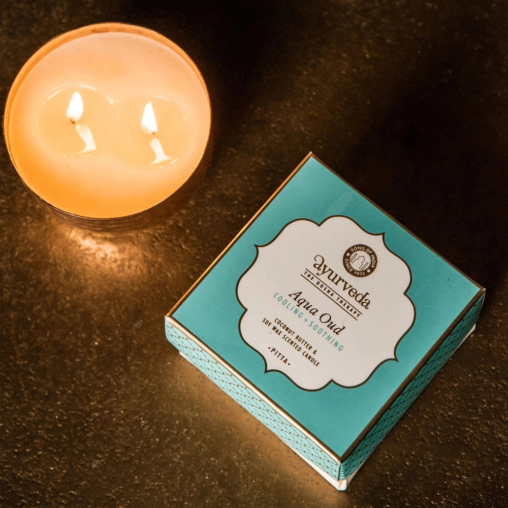 Vela de luxo Pitta Aqua Oud em cera de soja, perfeita para momentos de bem-estar