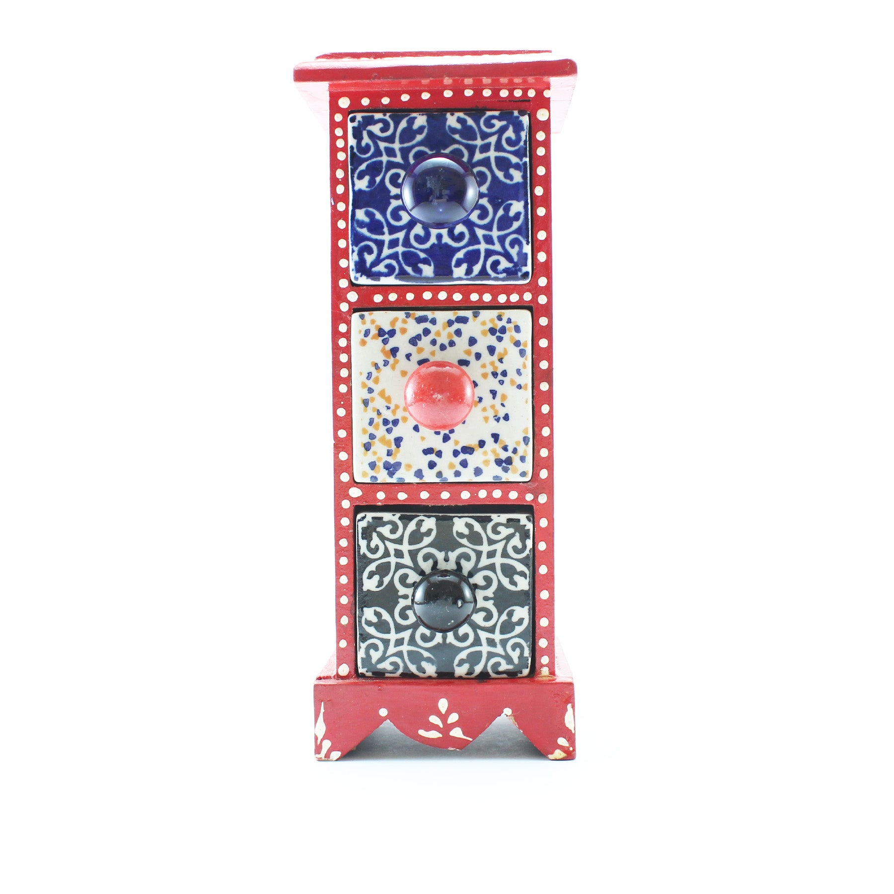 Miniature Chest with 3 Ceramic Drawers Red