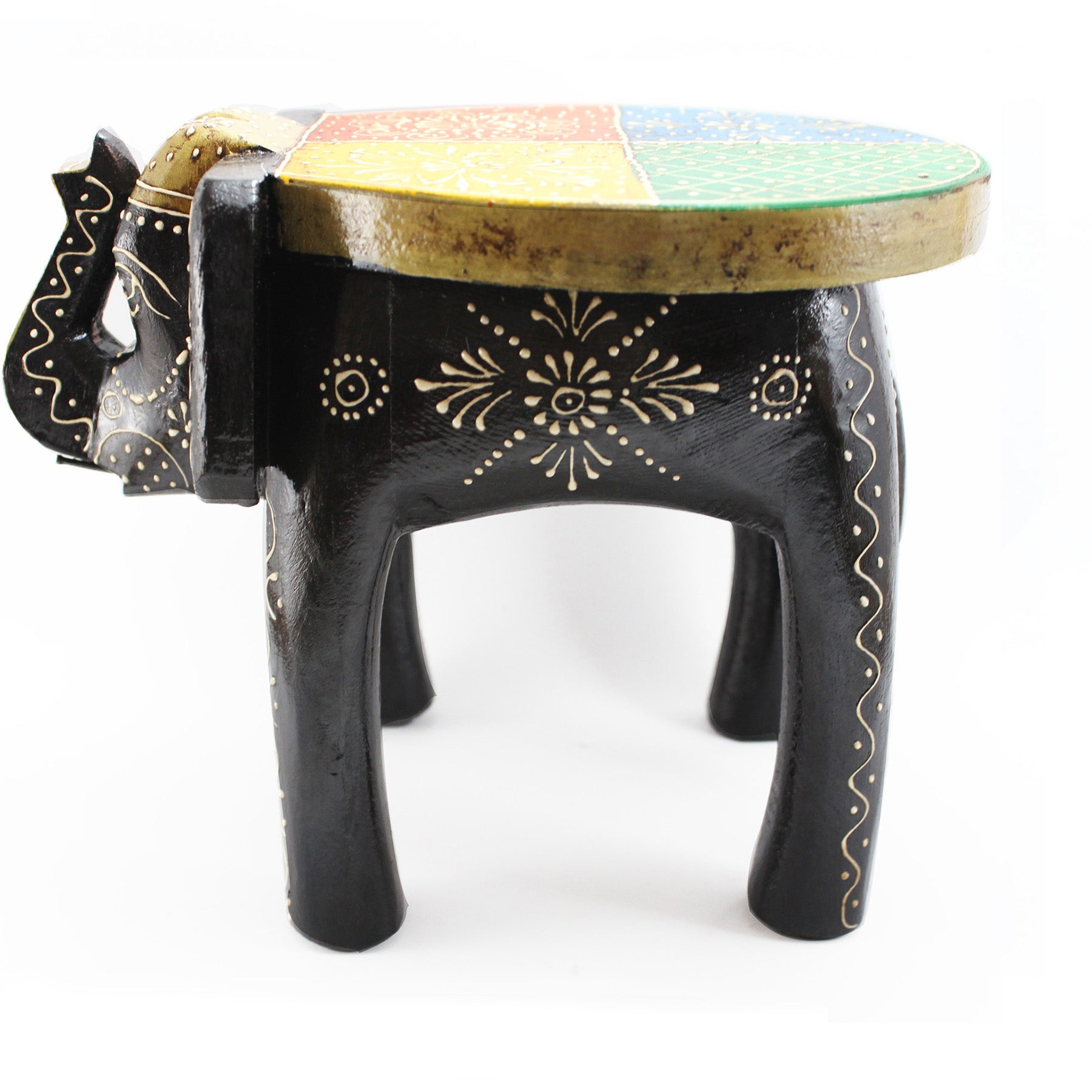 Black Hand Painted Wooden Elephant Stool