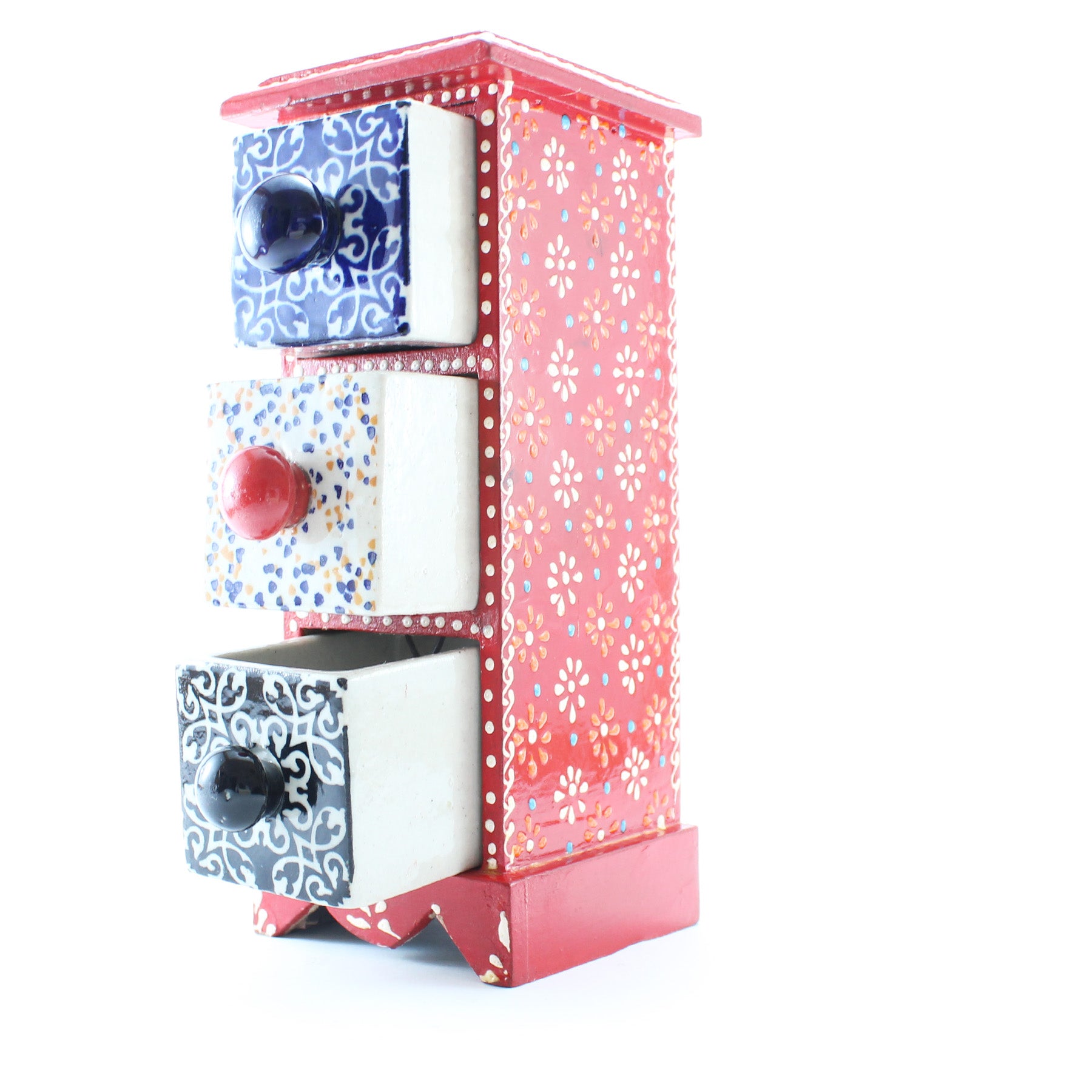 Miniature Chest with 3 Ceramic Drawers Red