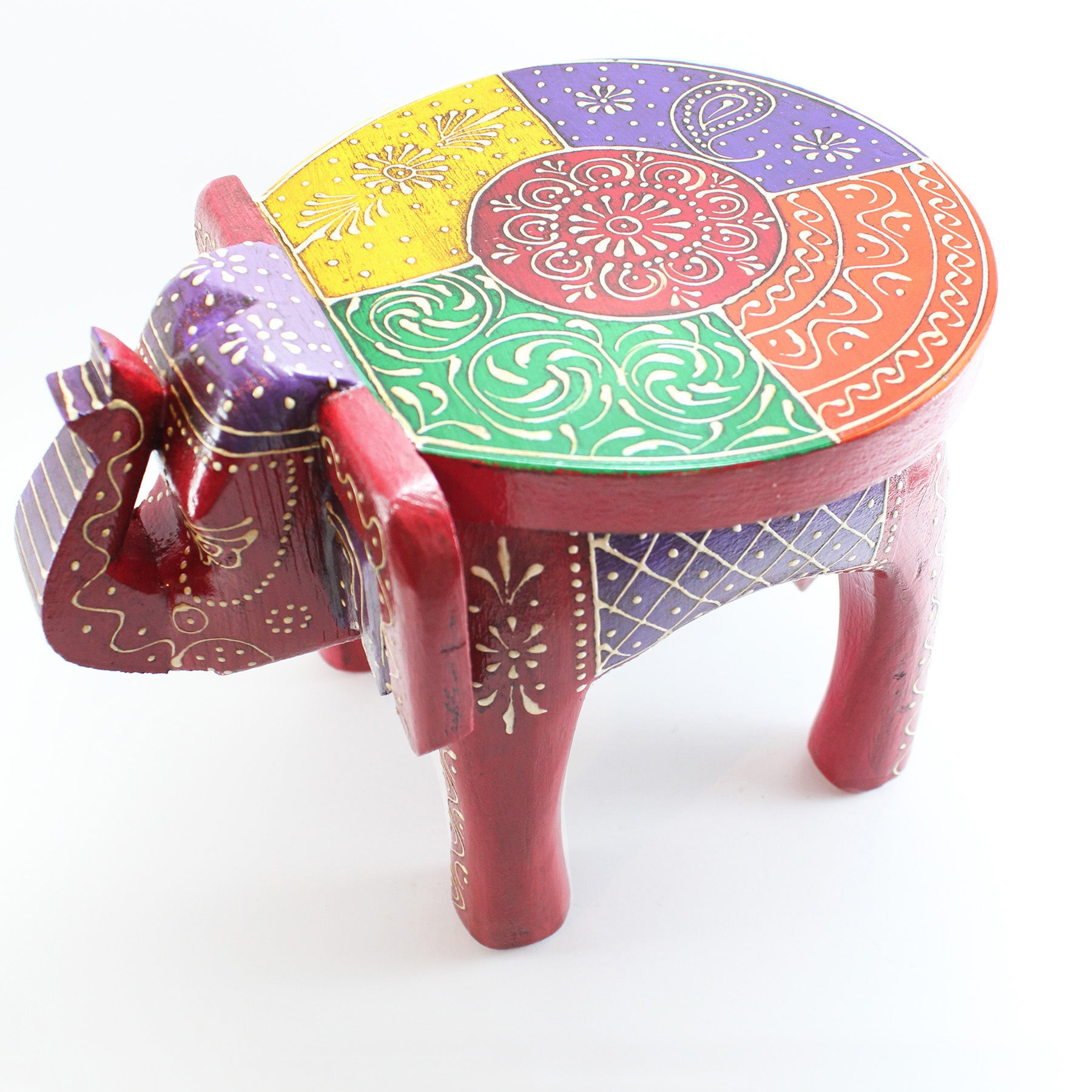 Tabouret Eléphant en Bois Fait à la Main Rouge