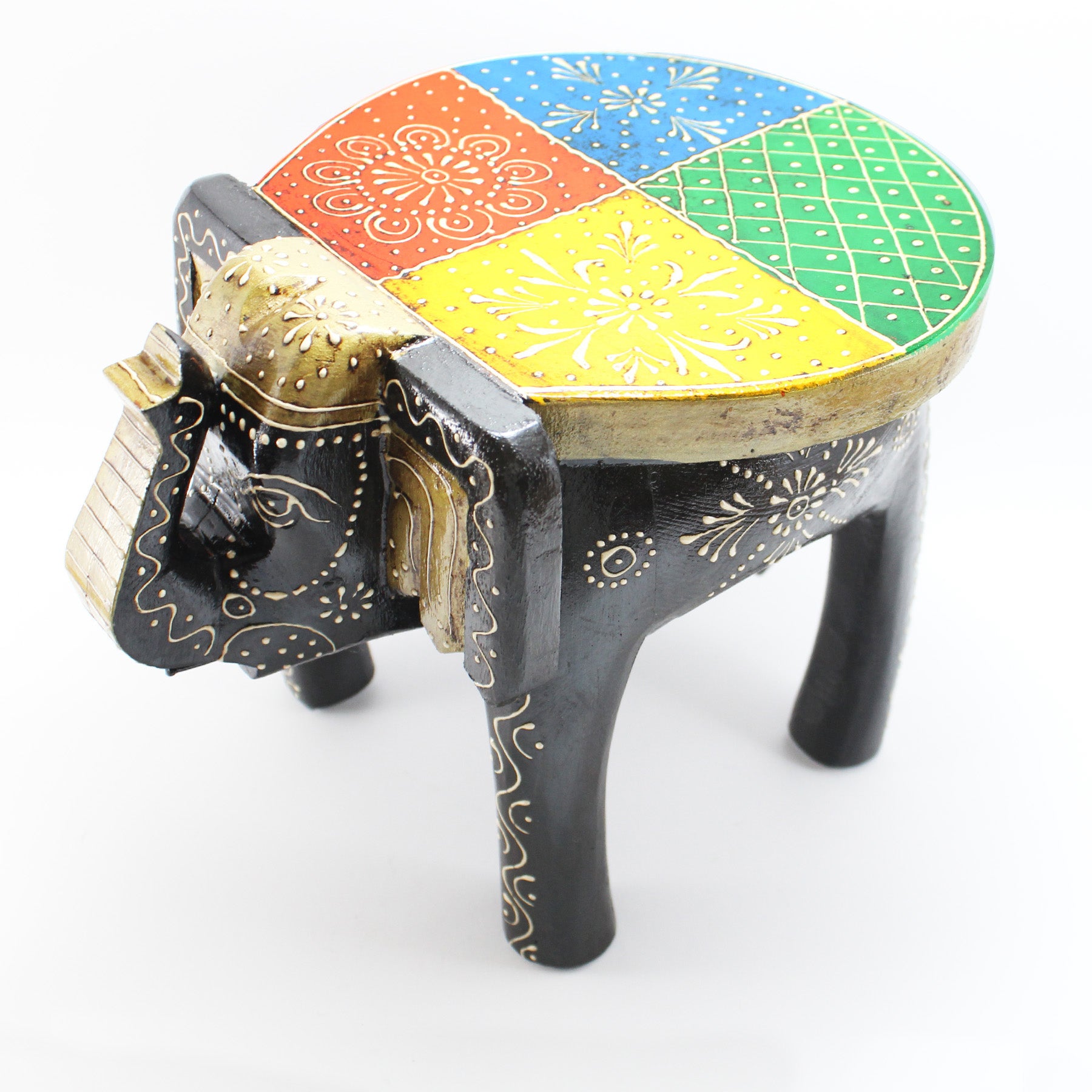 Black Hand Painted Wooden Elephant Stool