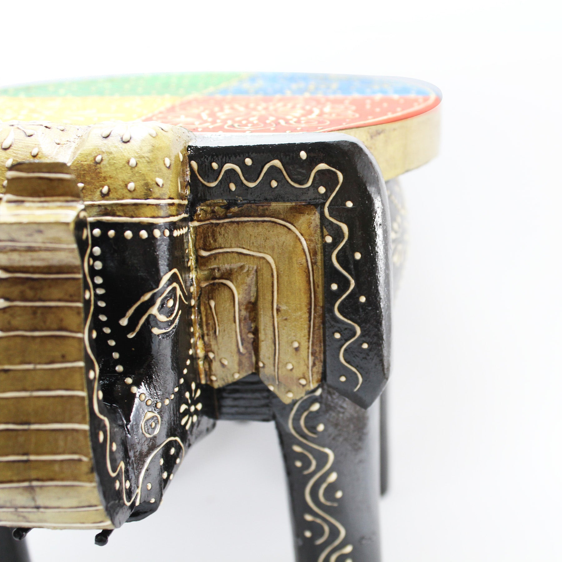 Black Hand Painted Wooden Elephant Stool
