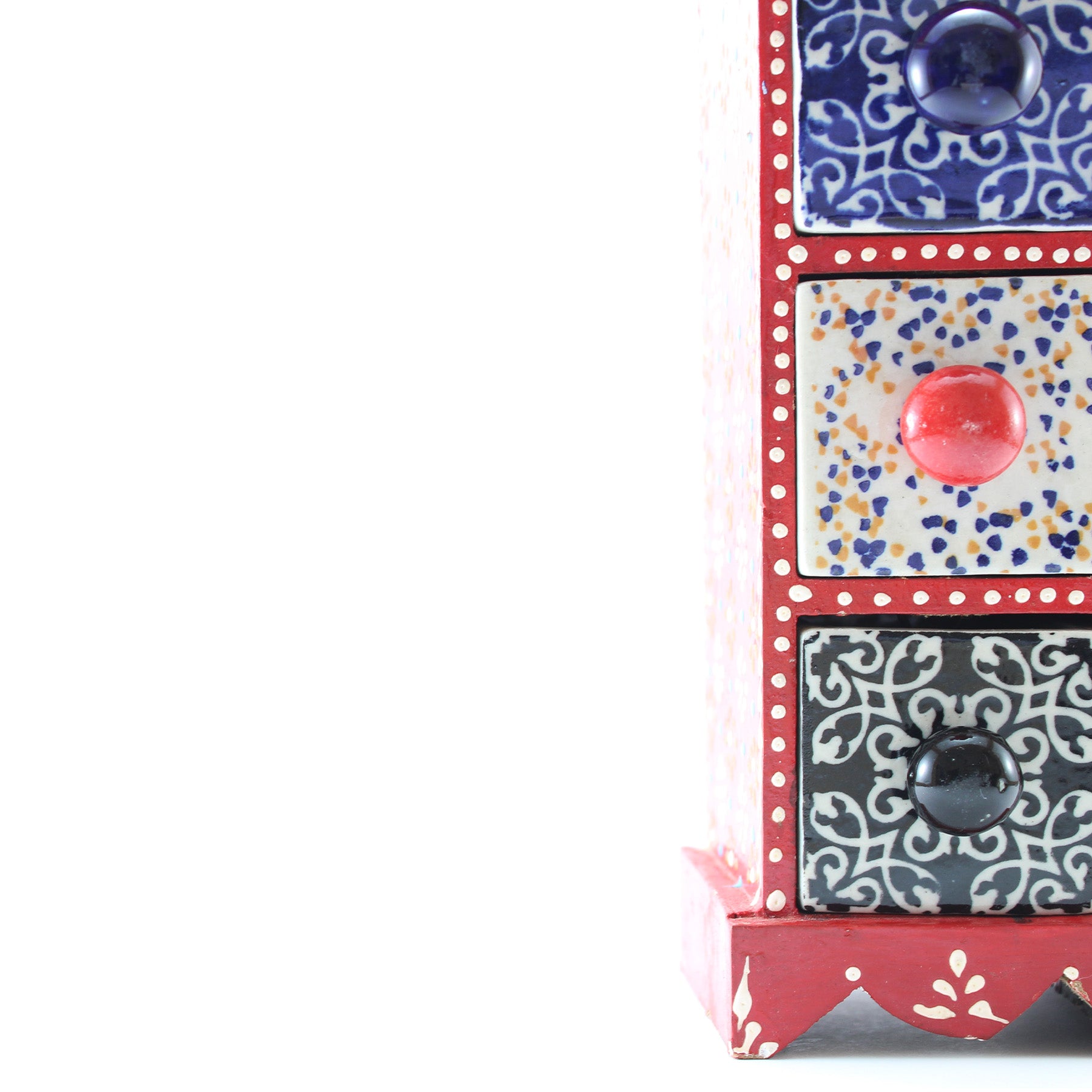 Miniature Chest with 3 Ceramic Drawers Red