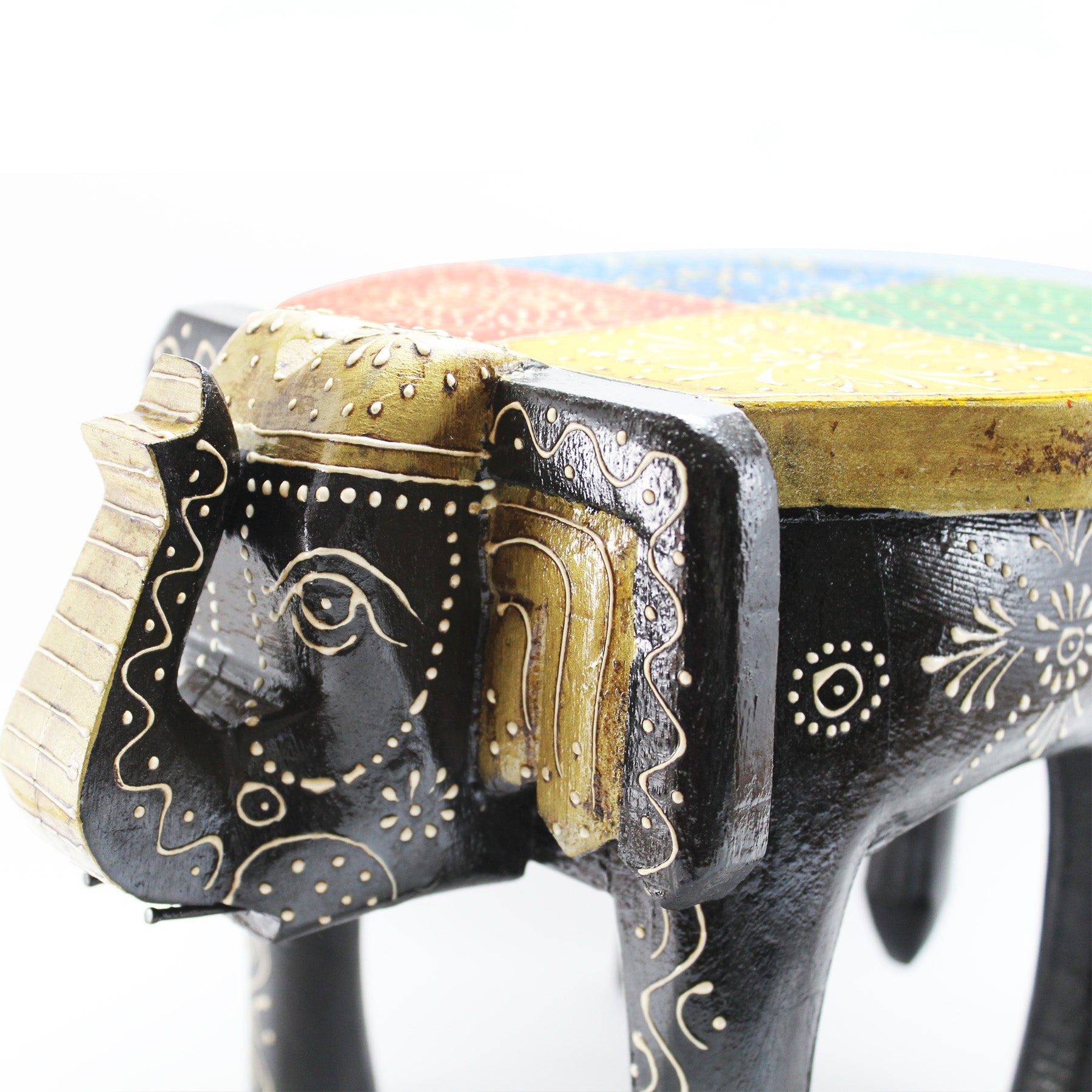 Black Hand Painted Wooden Elephant Stool