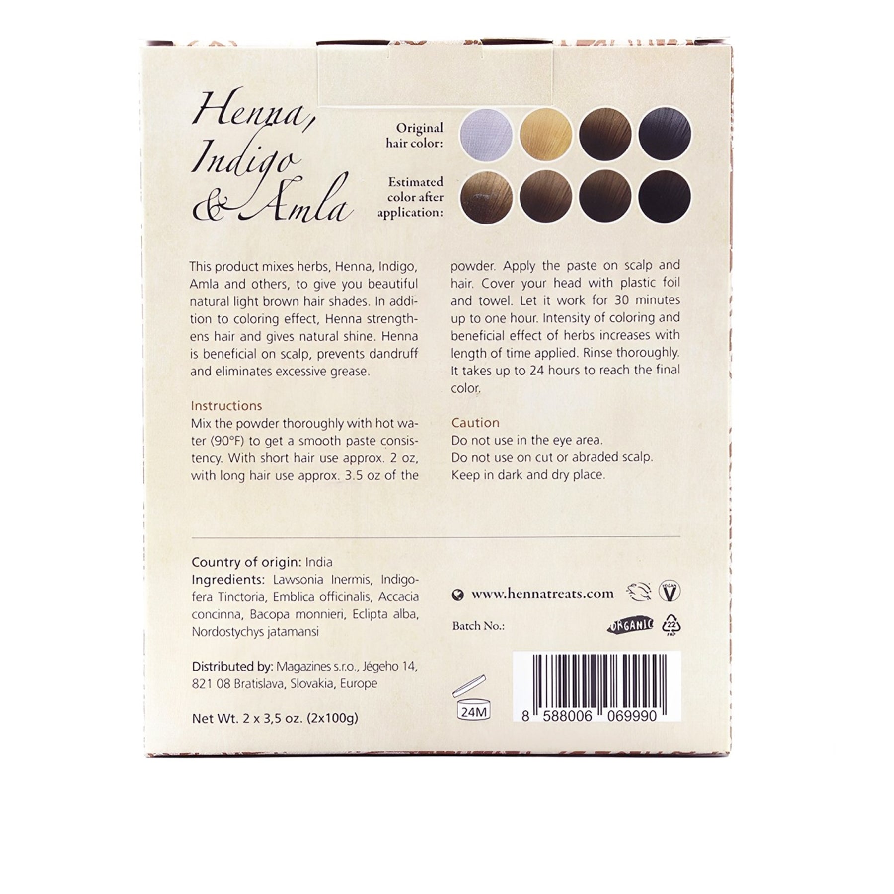 Coloración Natural y Orgánica de Henna, Índigo y Amla Cabello Castaño Claro
