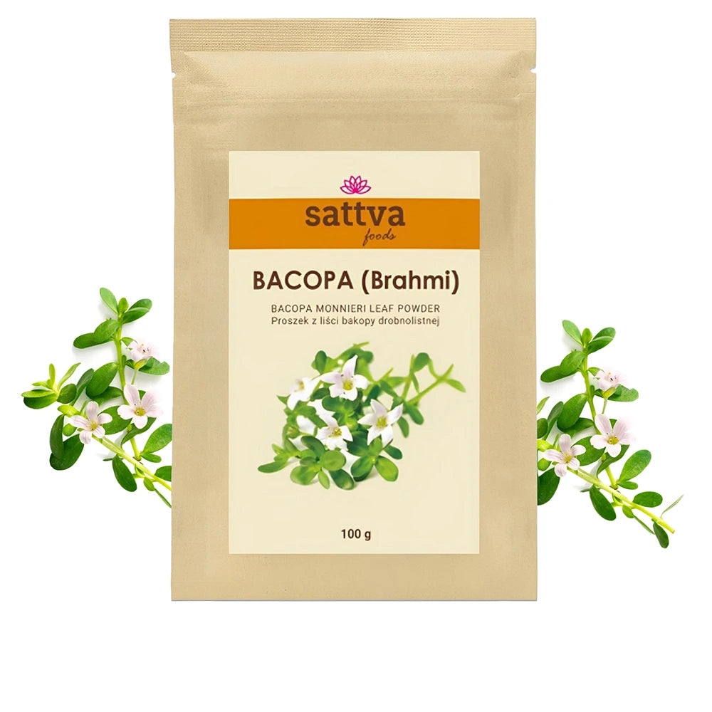 Brahmi em pó biológico 100% puro, suplemento alimentar Ayurvédico para memória, concentração, foco, função cognitiva e equilíbrio mental.