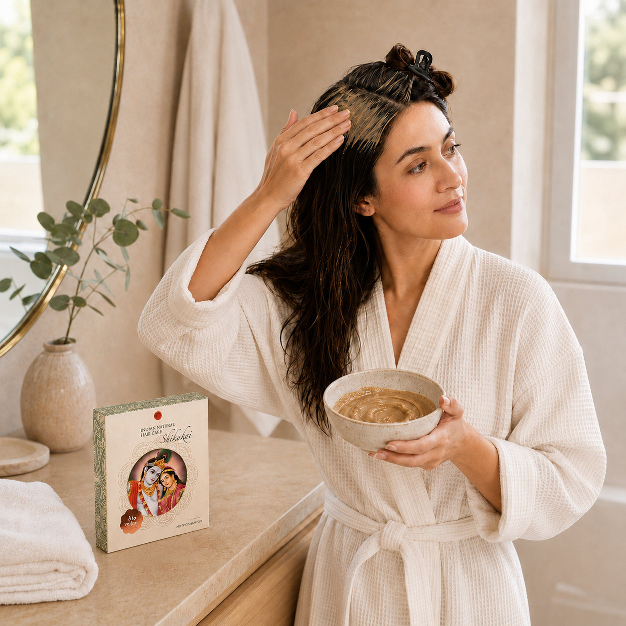 Application of the Shikakai No Poo Shampoo with prepared paste in a bowl