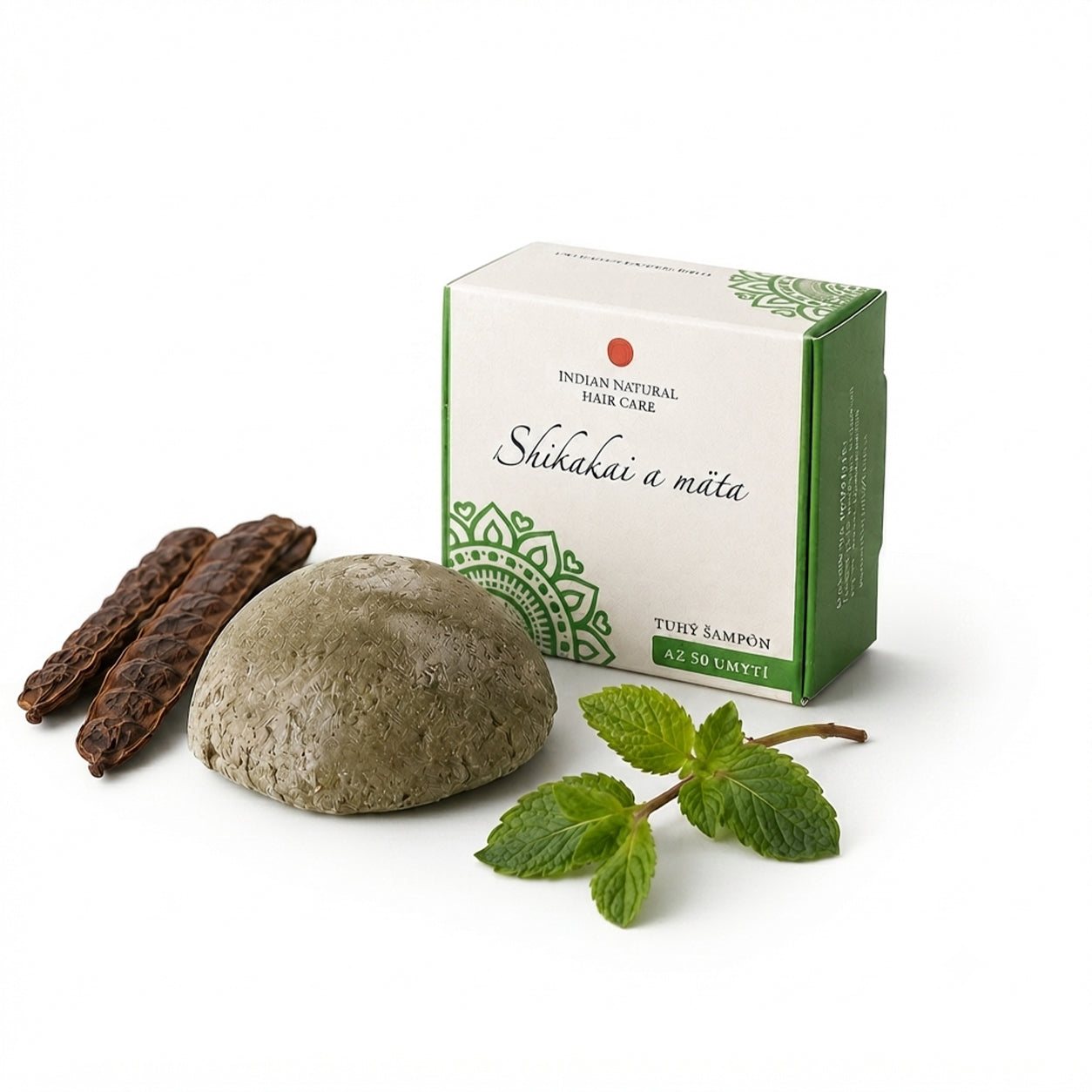 Shampoo Solido allo Shikakai e alla Menta con confezione e ingredienti botanici