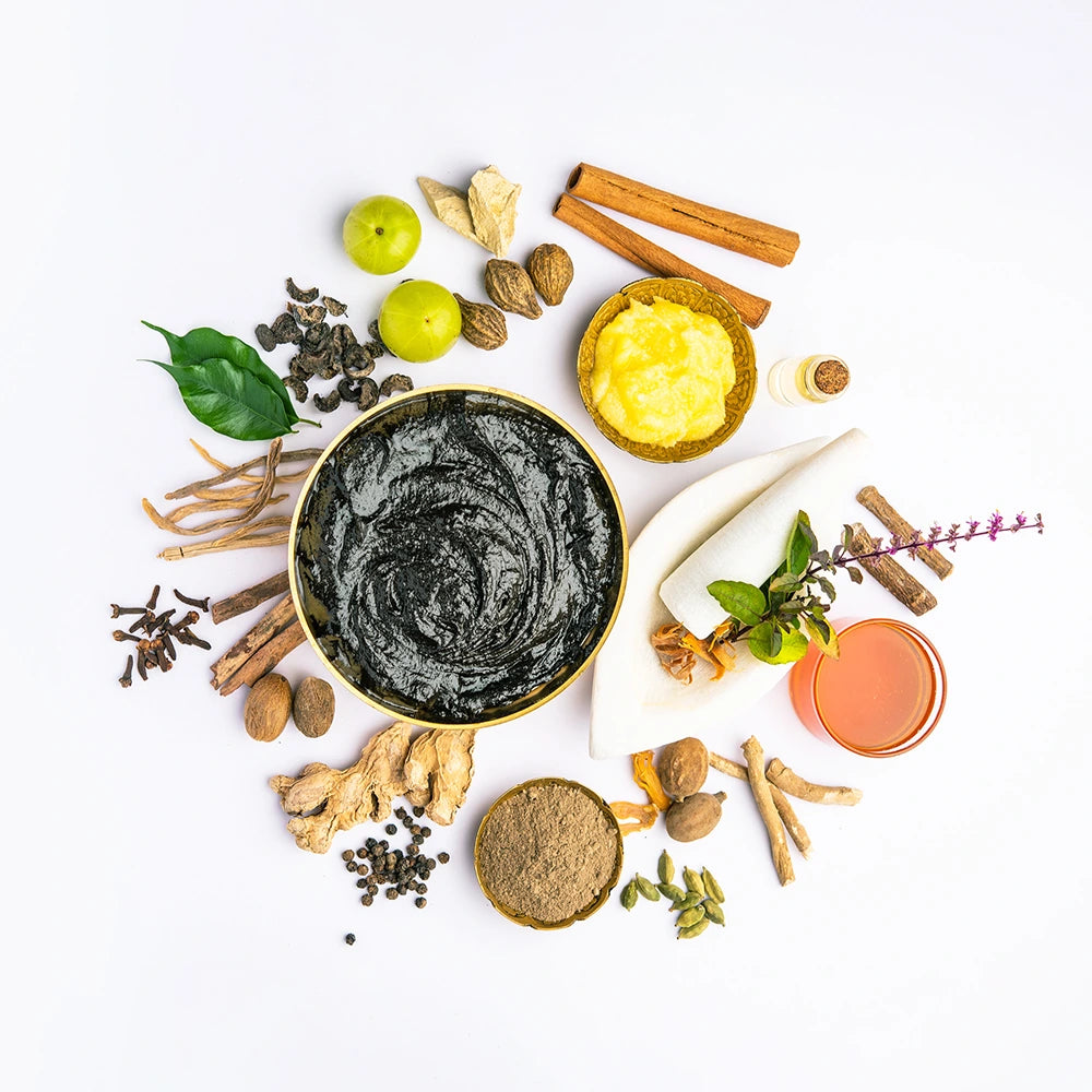 Ingredientes naturais do Chyawanprash Ayurvédico como Amla, Ghee, Mel e ervas selecionadas da tradição Ayurveda.