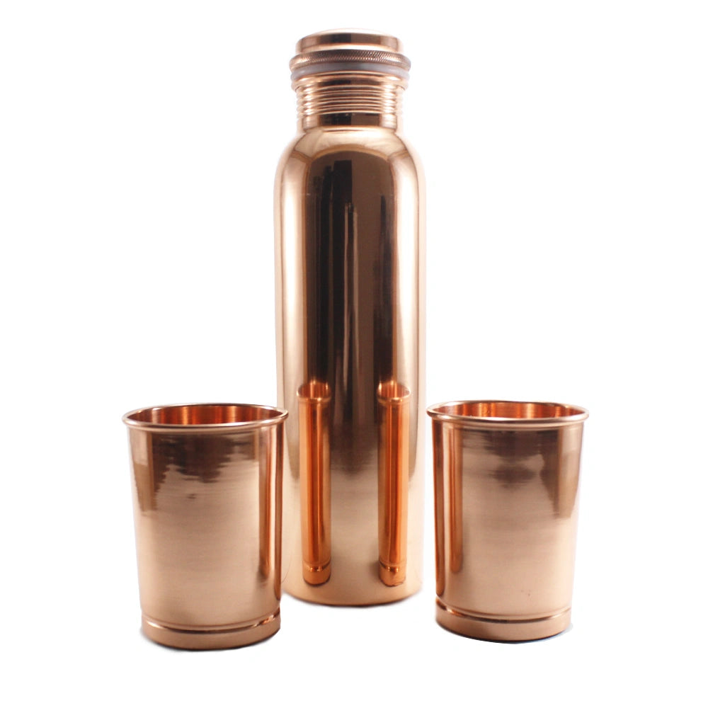Conjunto de garrafa de cobre com 2 copos para saúde, digestão e bem-estar