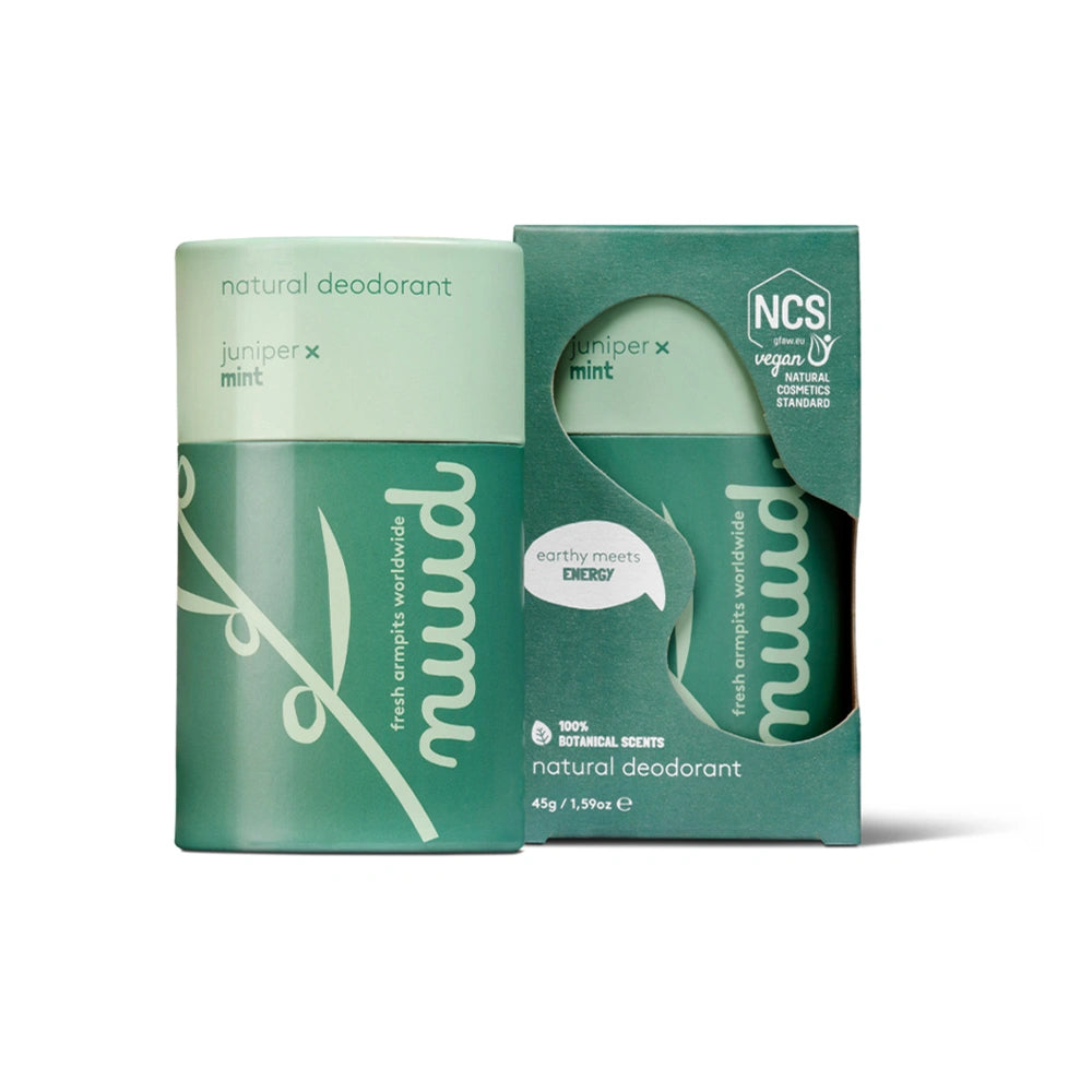 Desodorizante vegan eco-friendly nuud – Zimbro e Menta, proteção contra odores 48 horas, suave para a pele.