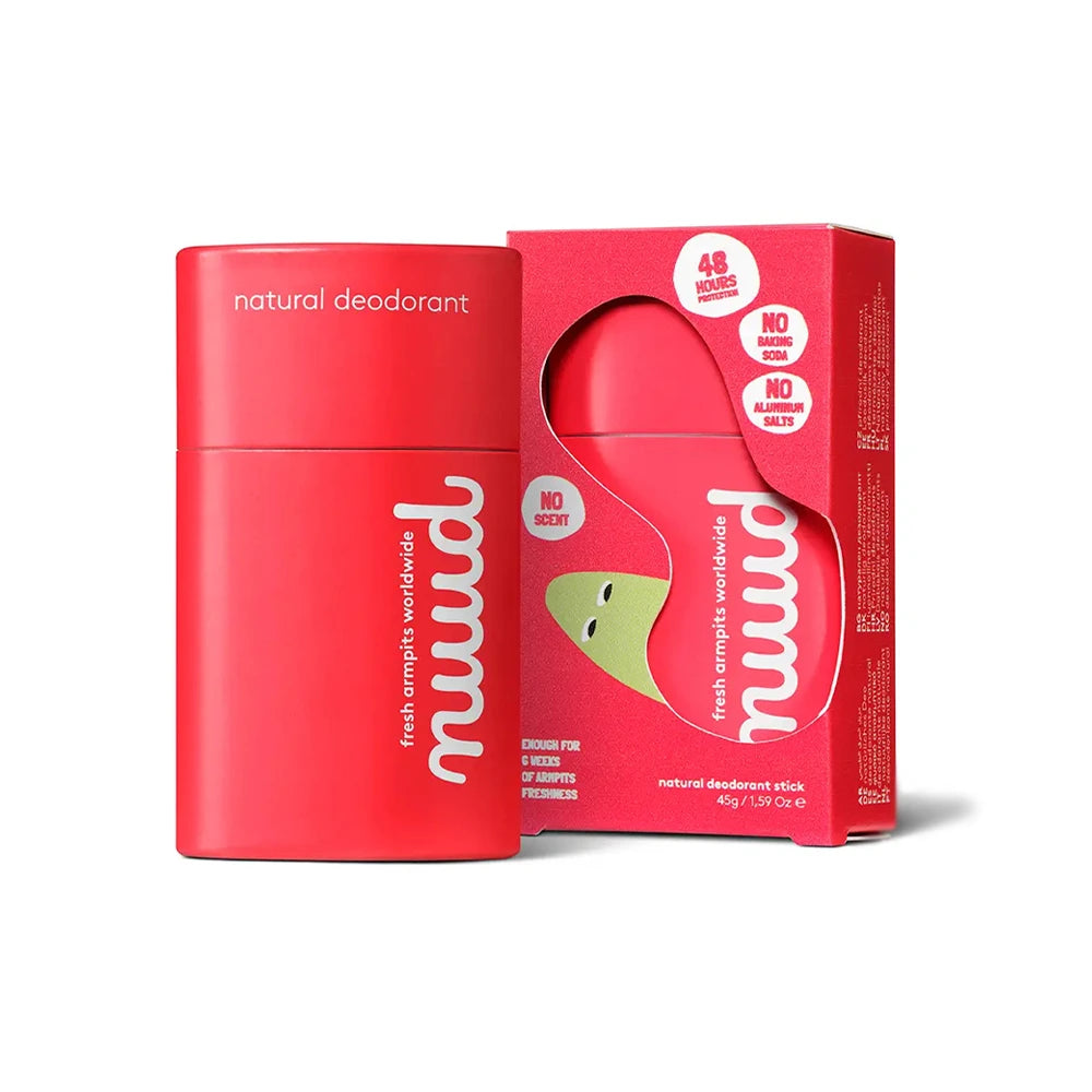 Desodorizante vegan ecológico da nuud, sem perfume, impacto positivo no plástico, embalagem sustentável.
