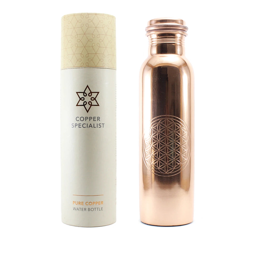 Garrafa em cobre com Flor da Vida, energizada segundo a Ayurveda, ideal para consumo de água saudável