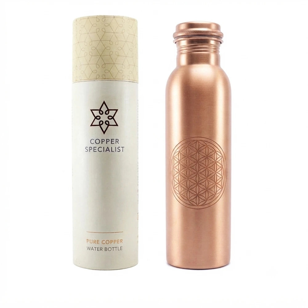 Garrafa em cobre com Flor da Vida, energizada segundo a Ayurveda, ideal para consumo de água saudável