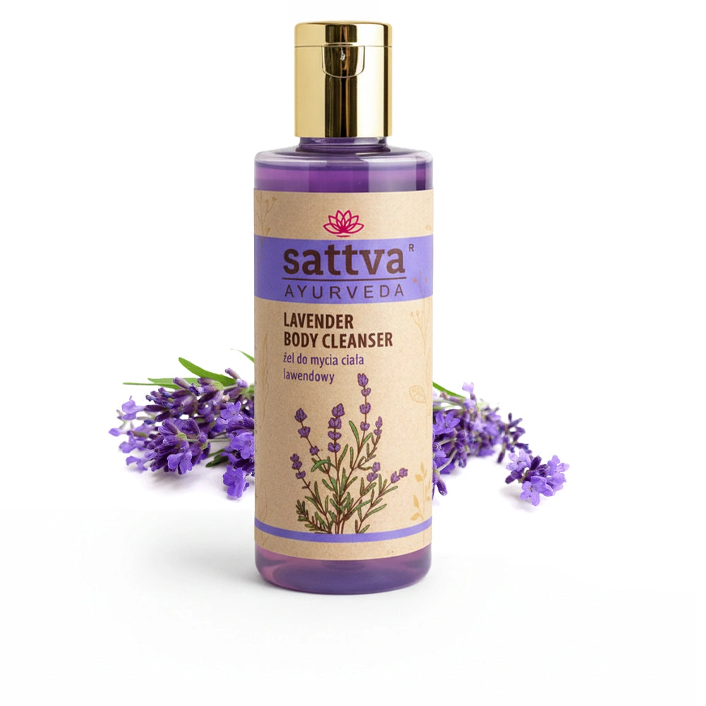 Gel de banho ayurvédico de lavanda para pele sensível da Sattva Ayurveda, com ingredientes naturais que limpam suavemente, nutrem e hidratam a pele.