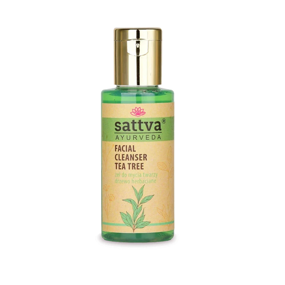 Gel de limpeza facial com árvore-do-chá Sattva Ayurveda para pele oleosa e mista, limpa suavemente, ajuda a controlar a oleosidade e hidrata a pele naturalmente.