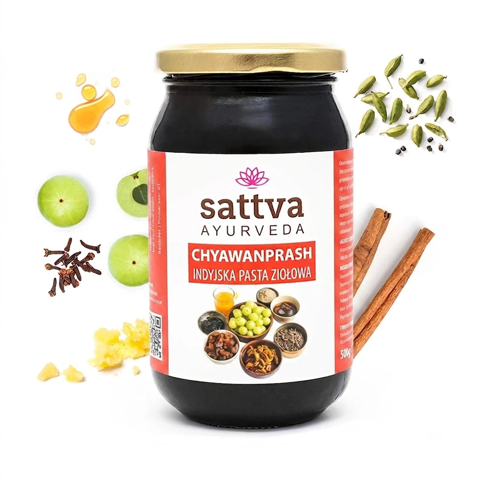 Pasta Chyawanprash Ayurvédica com mais de 20 ervas tradicionais, mel e ghee segundo os princípios da Ayurveda.