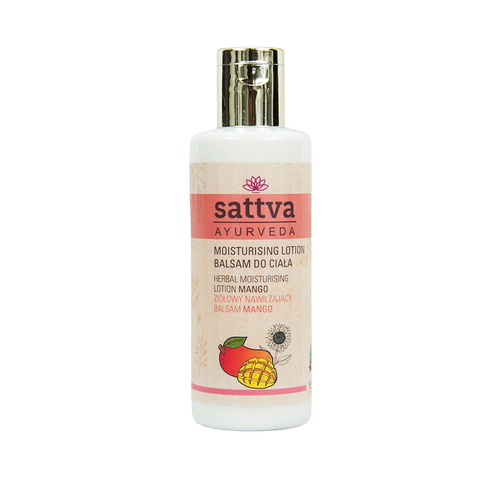 Loção Corporal Hidratante com Manga Sattva Ayurveda para hidratação profunda da pele seca com manteiga de manga, manteiga de karité e aloé vera.